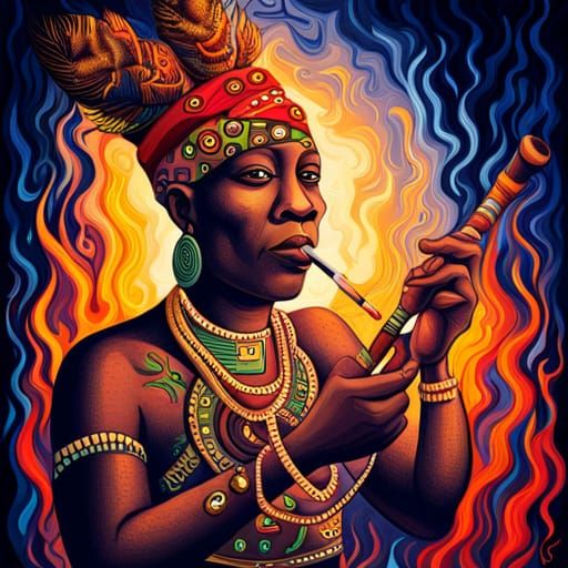 African Witch Doctor Dancing in Abstract Art Style