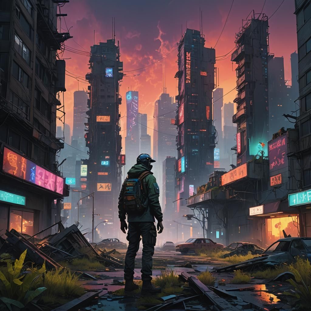 Post-Apocalyptic Survivor in Neon Cityscape