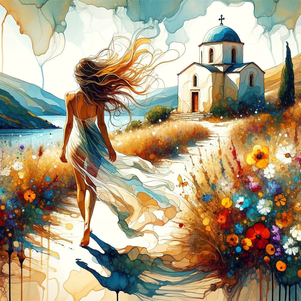 Greek Summer: Woman in Mykonos as Alcohol Ink Painting