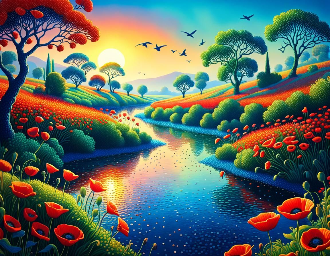 Whimsical Fantasy Landscape in Pointillism Style