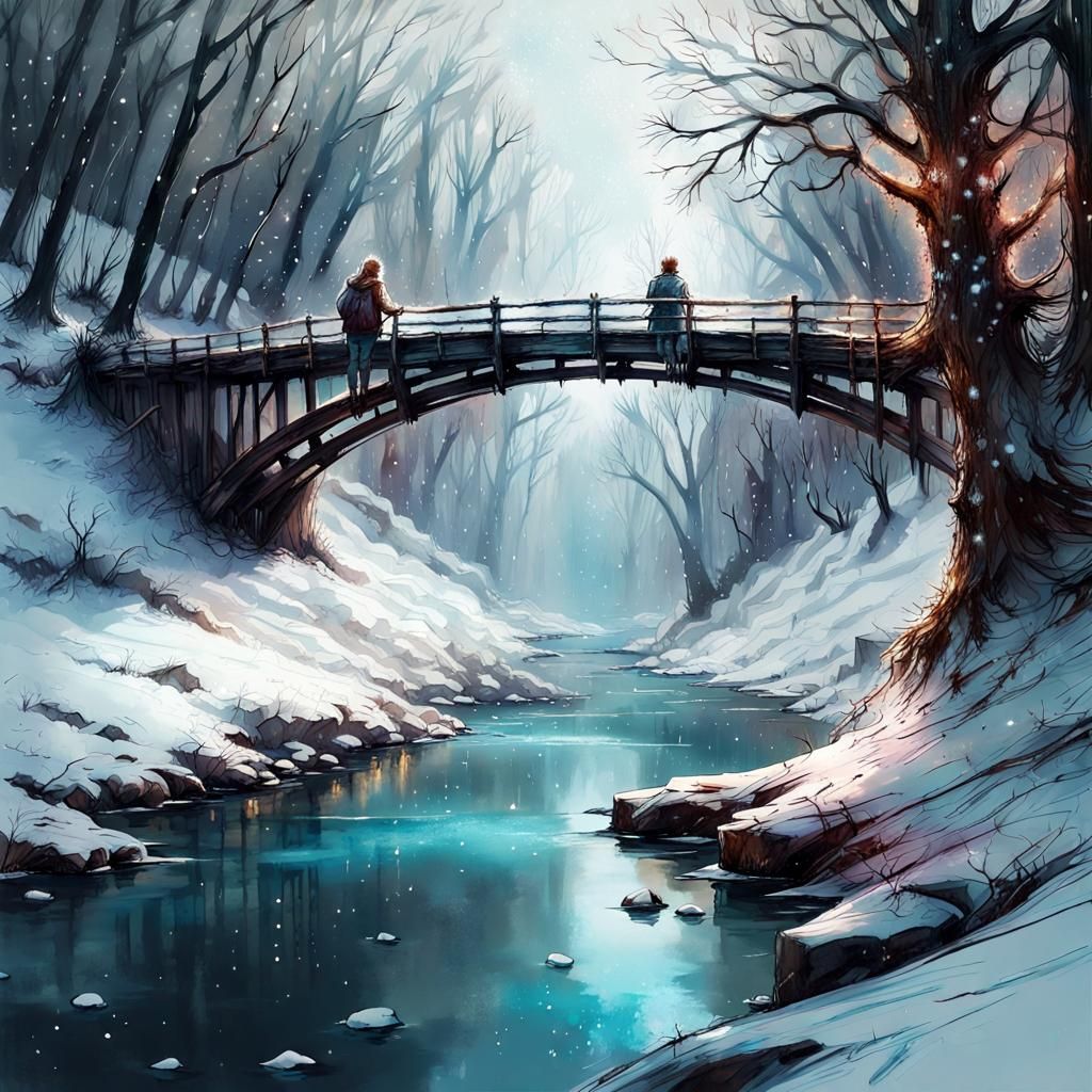 Winter River Scene with Snowy Bridge