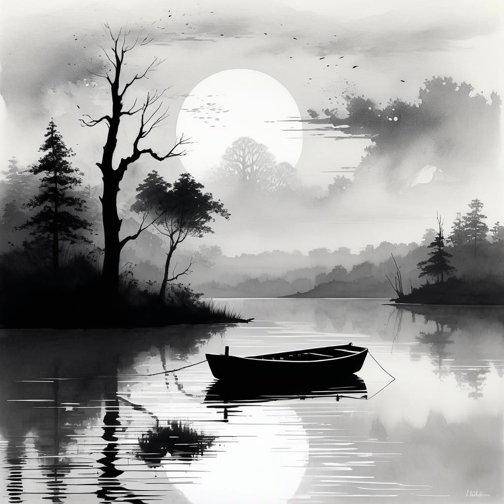 Moored Boat Silhouette on Misty Lake in Grayscale