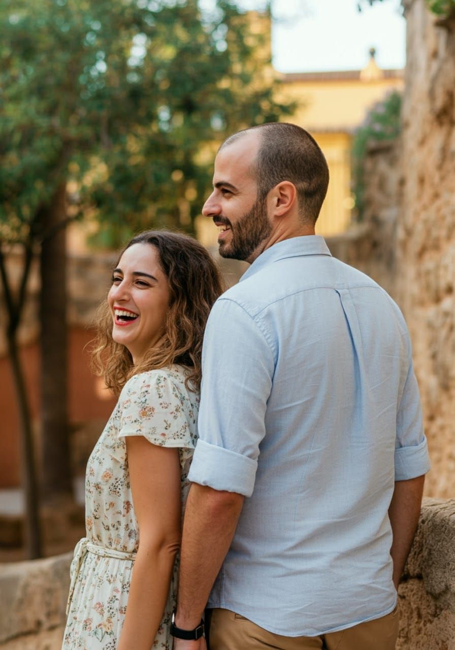 Stylish Spanish Couple Laughing in Mediterranean Park