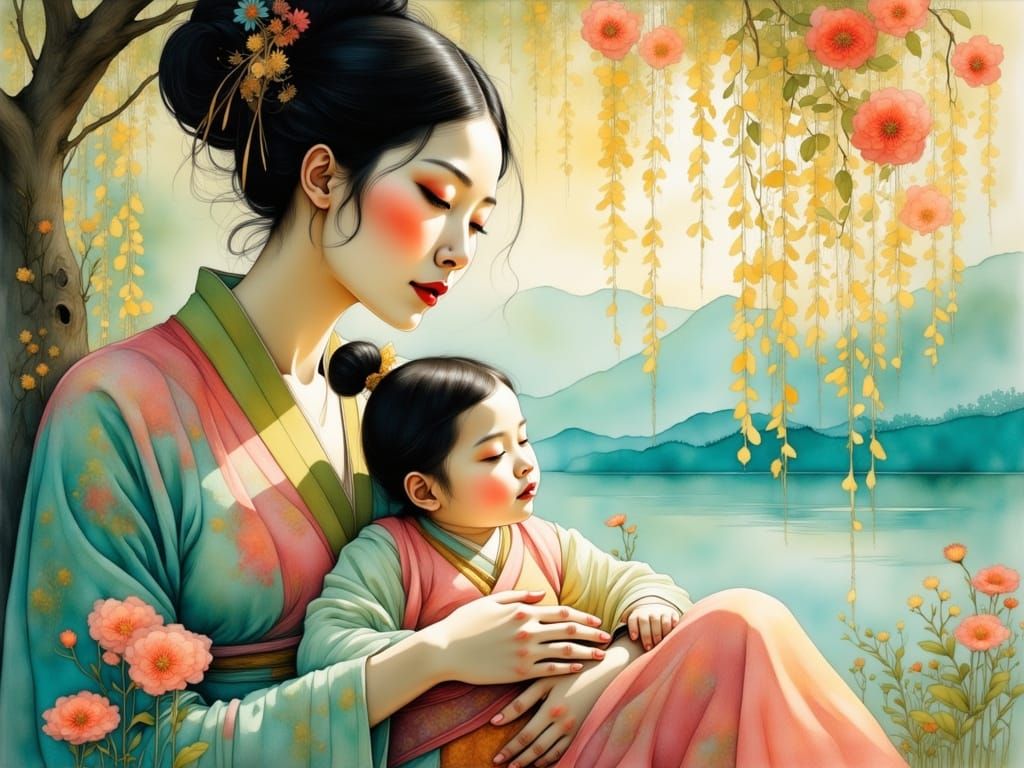 Traditional Korean Mother and Child in Vibrant Hanbok