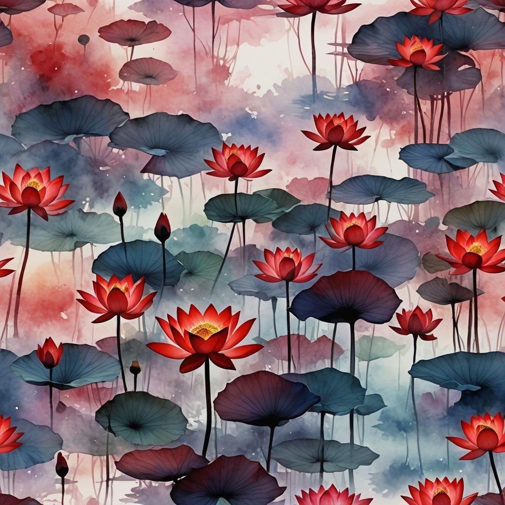 Red Lotus Blossom in Digital Watercolor