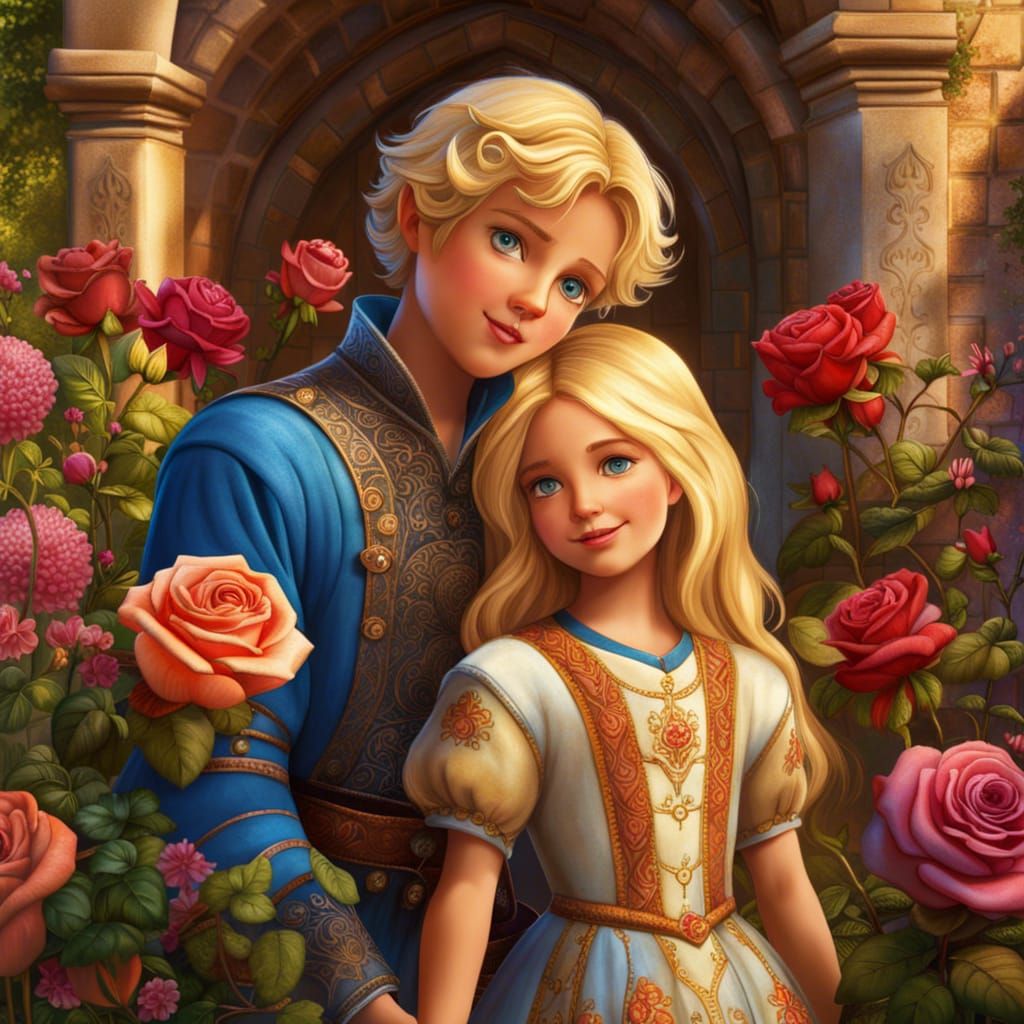 Medieval Children in Rose Garden, Digital Art