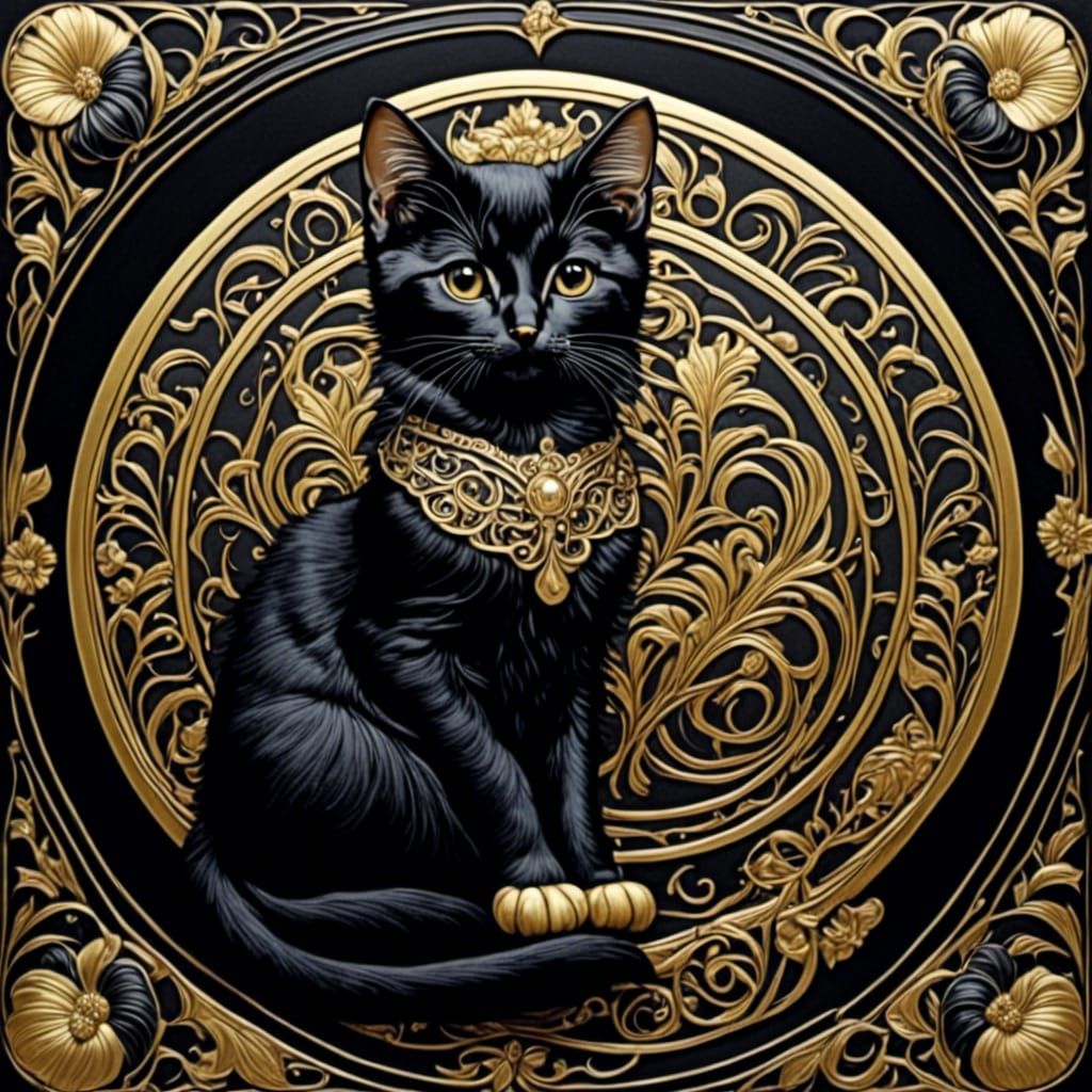 Art Nouveau Tuxedo Kitten in Gold Theme