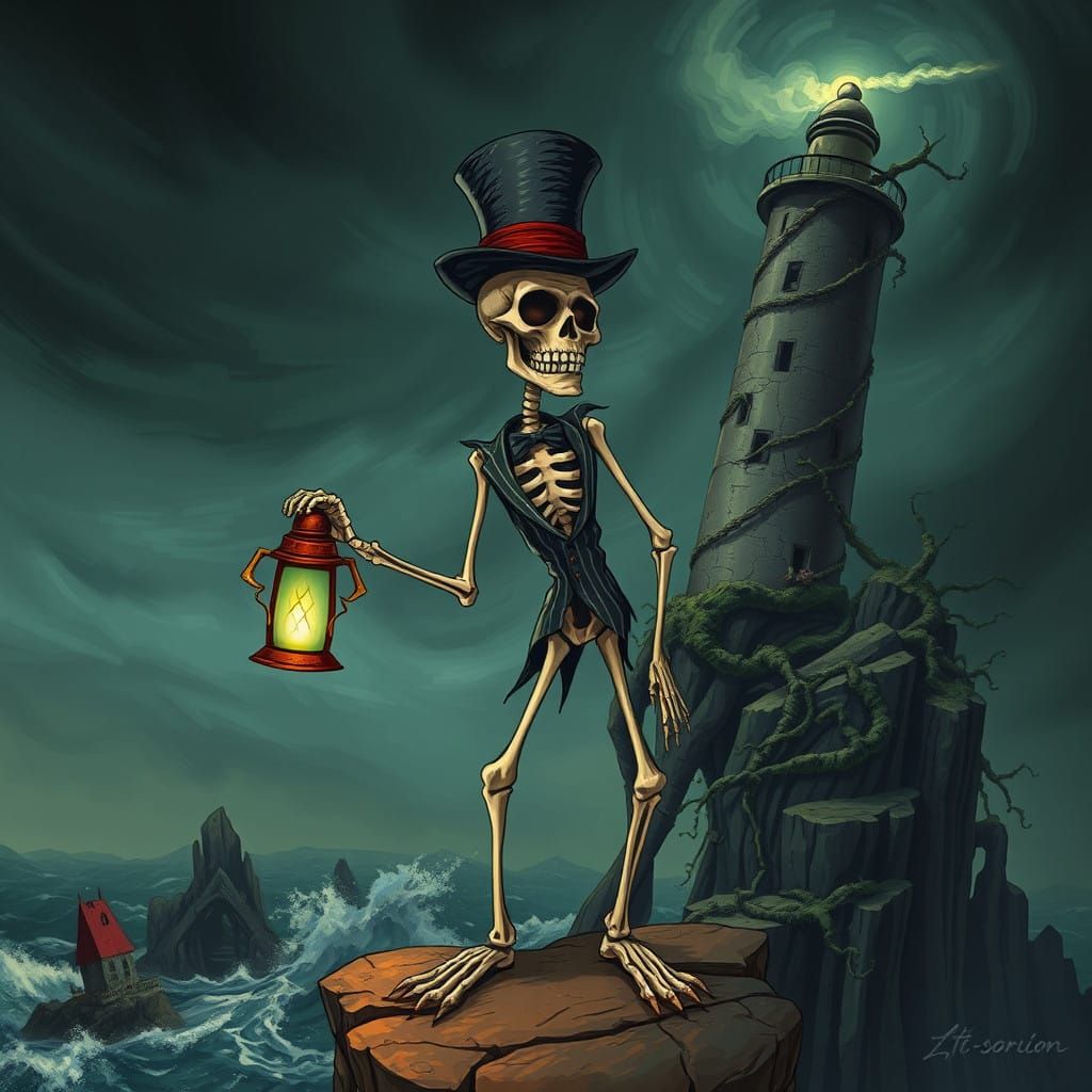 Twisted Skeleton on Cliff Edge, Under Nightmarish Sky