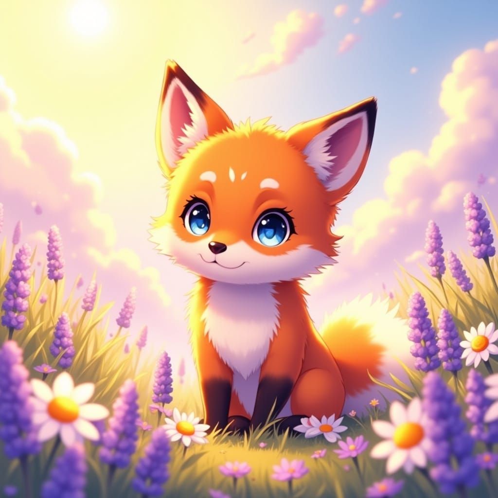 Cute Fox in Sunny Flower Meadow