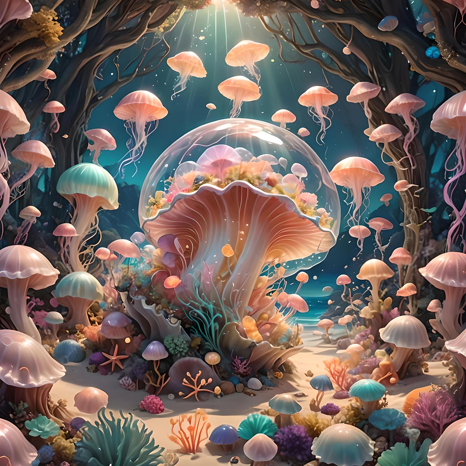 Enchanted Bioluminescent Beach in Conch Shell: 3D Render