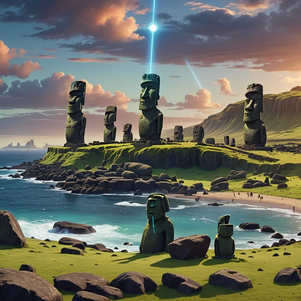 UFO Places Easter Island Heads: 3D Digital Art