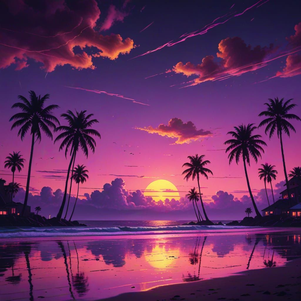 Neon Sunset over California Coast in Vibrant Oil Painting St...