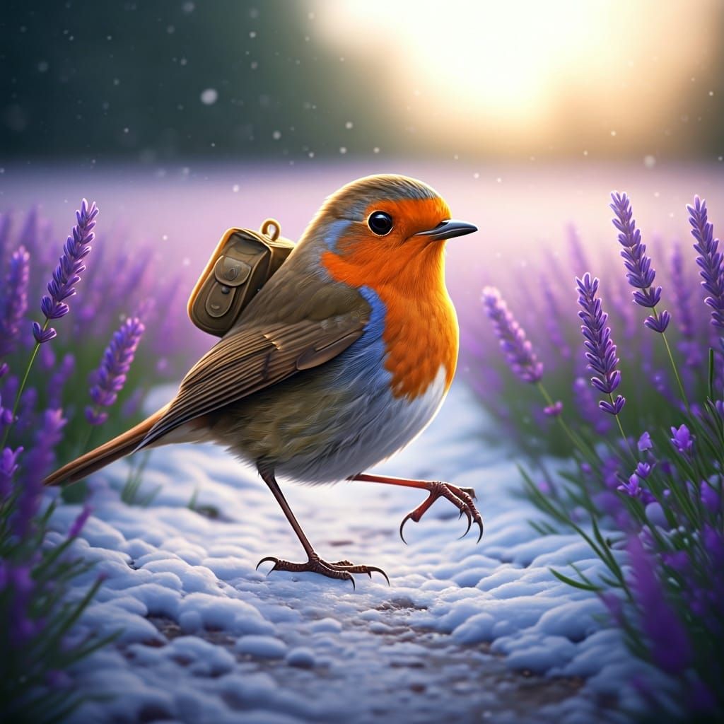 Robin Bird Bounding Through Snowy Lavender Field