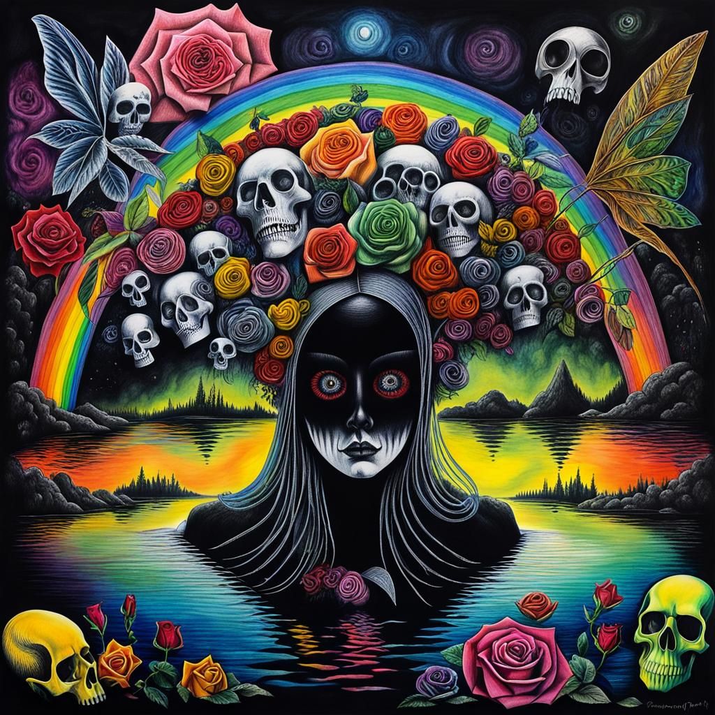 Surreal Crayon Drawing: Goth Woman in Darkness