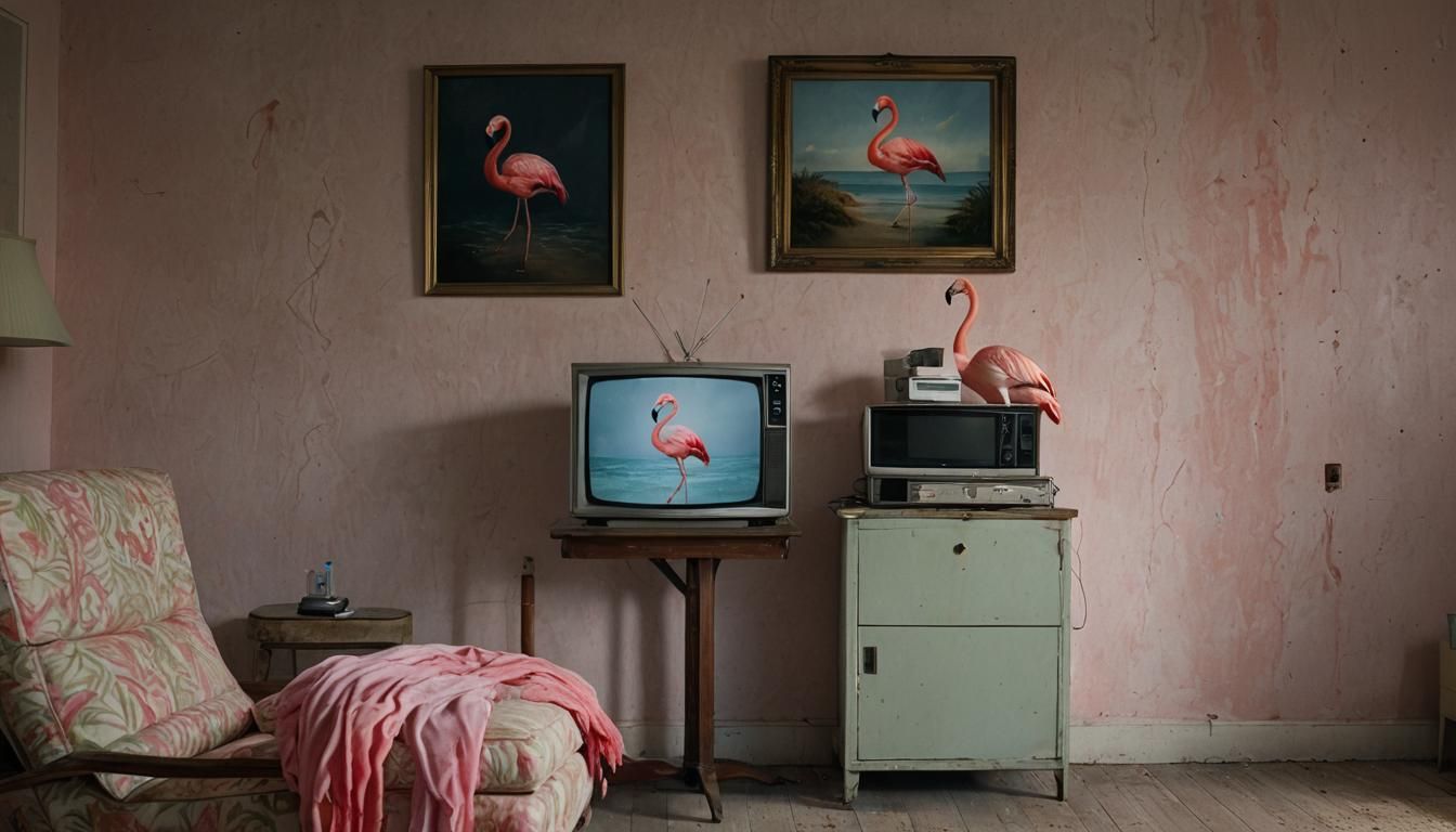 Gloomy Flamingo Watches TV in Hotel Room