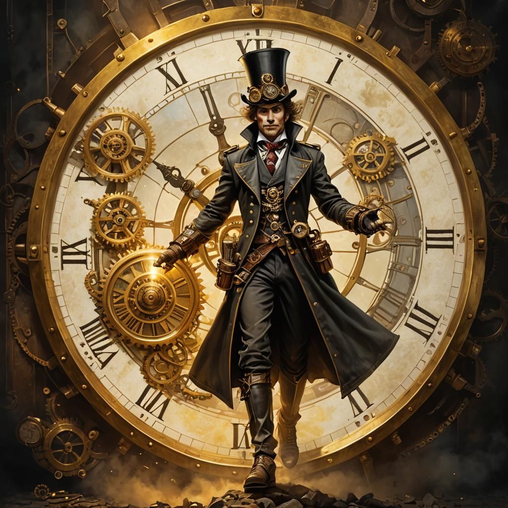 Steampunk Clock with Golden Light and Smoke