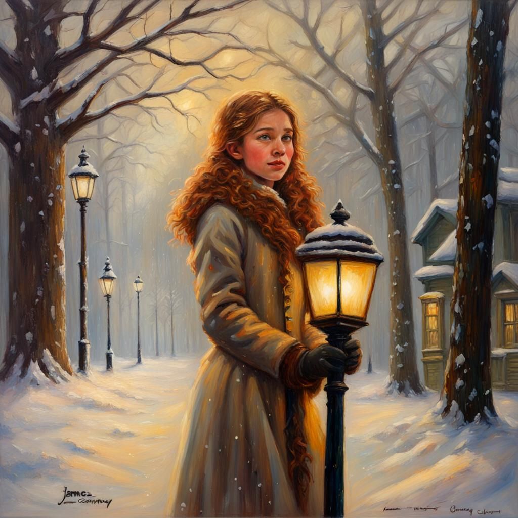 Lucy in Narnia by Lamp Post in Snow