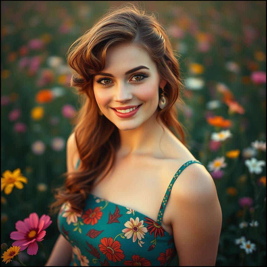 Woman in Rockabilly Dress in Flower Field