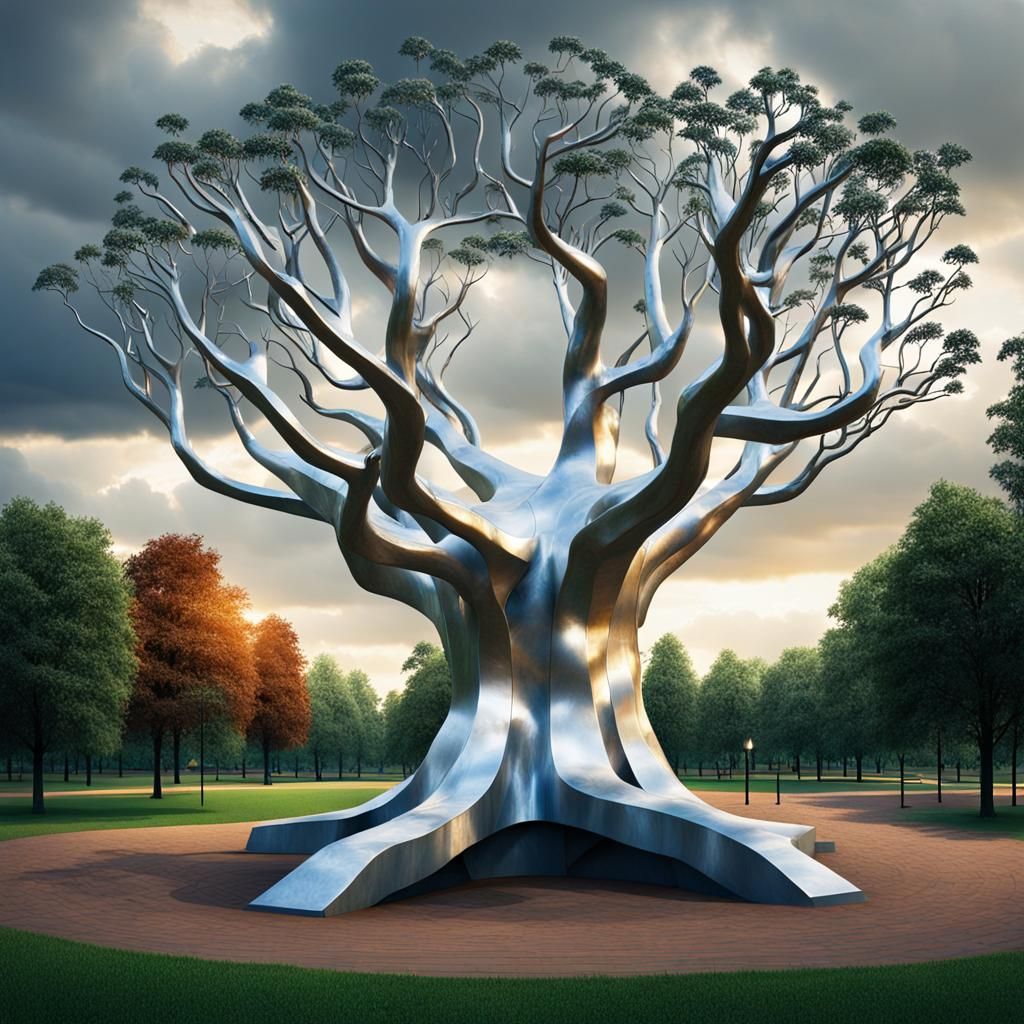 Steel and Aluminum Sculpture in Summer Park