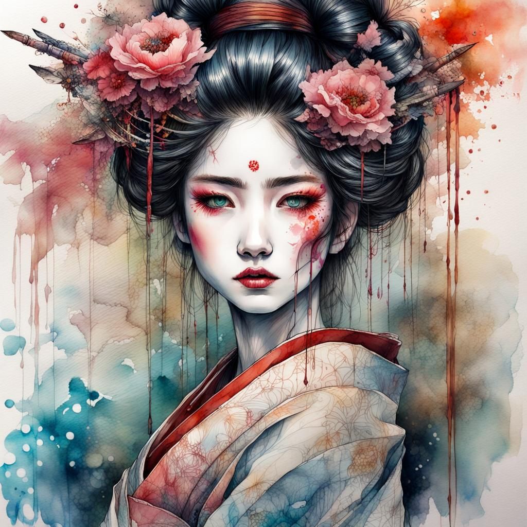 Geisha in Dark Fairytale Landscape, Watercolor Art