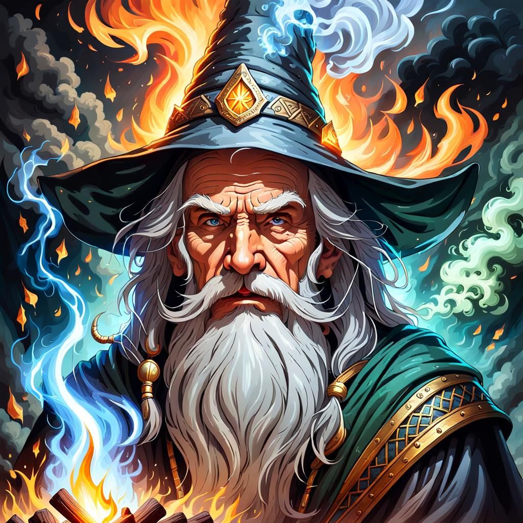 Wizard's Face in Campfire Smoke, Fantasy Oil Painting