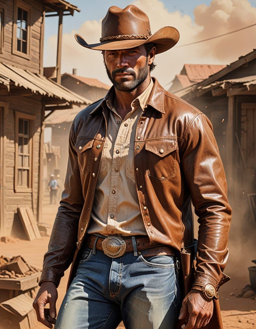 Rugged Cowboy Gazes Horizon in Warm Sunlight