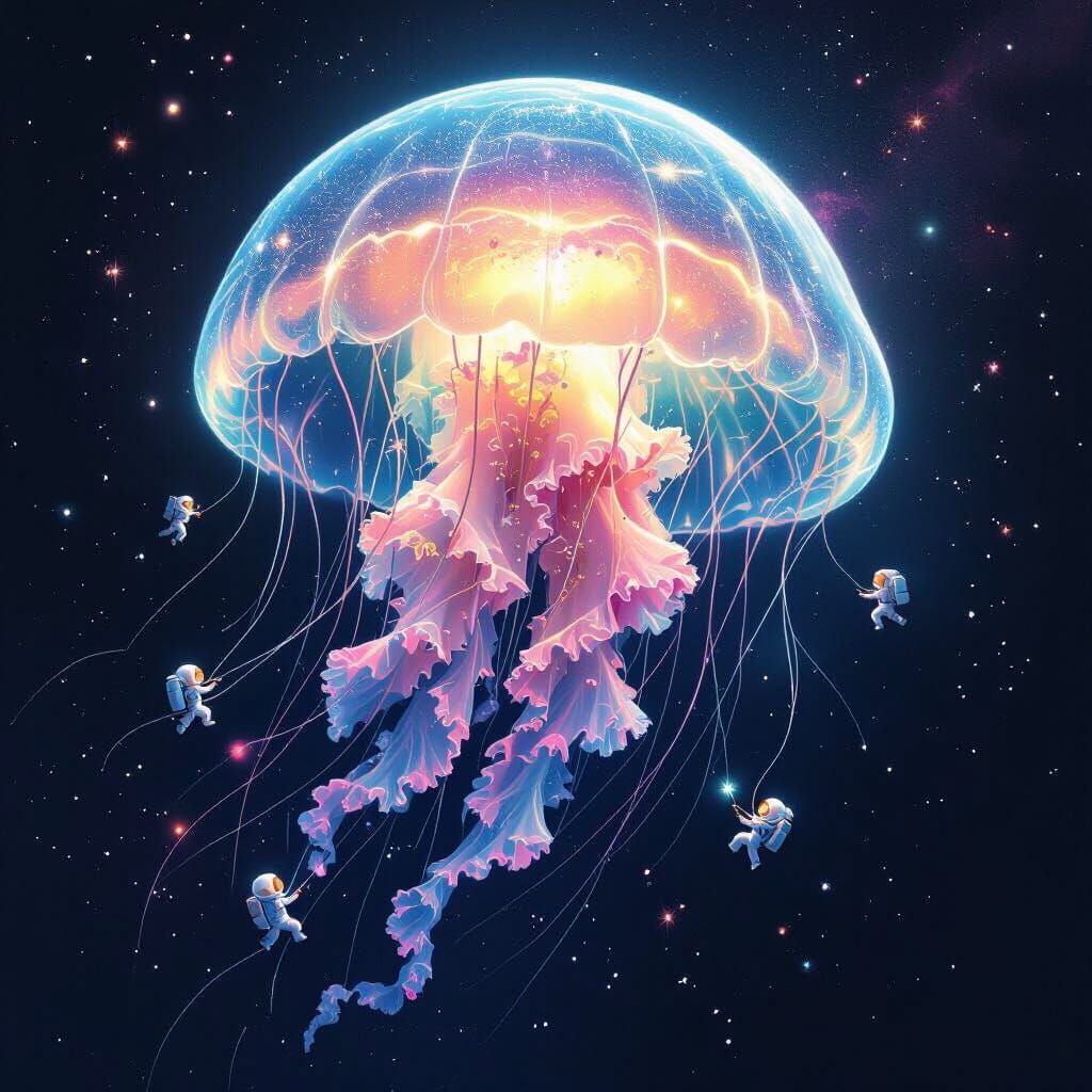 Bioluminescent Jellyfish in Deep Space with Astronaut Mice
