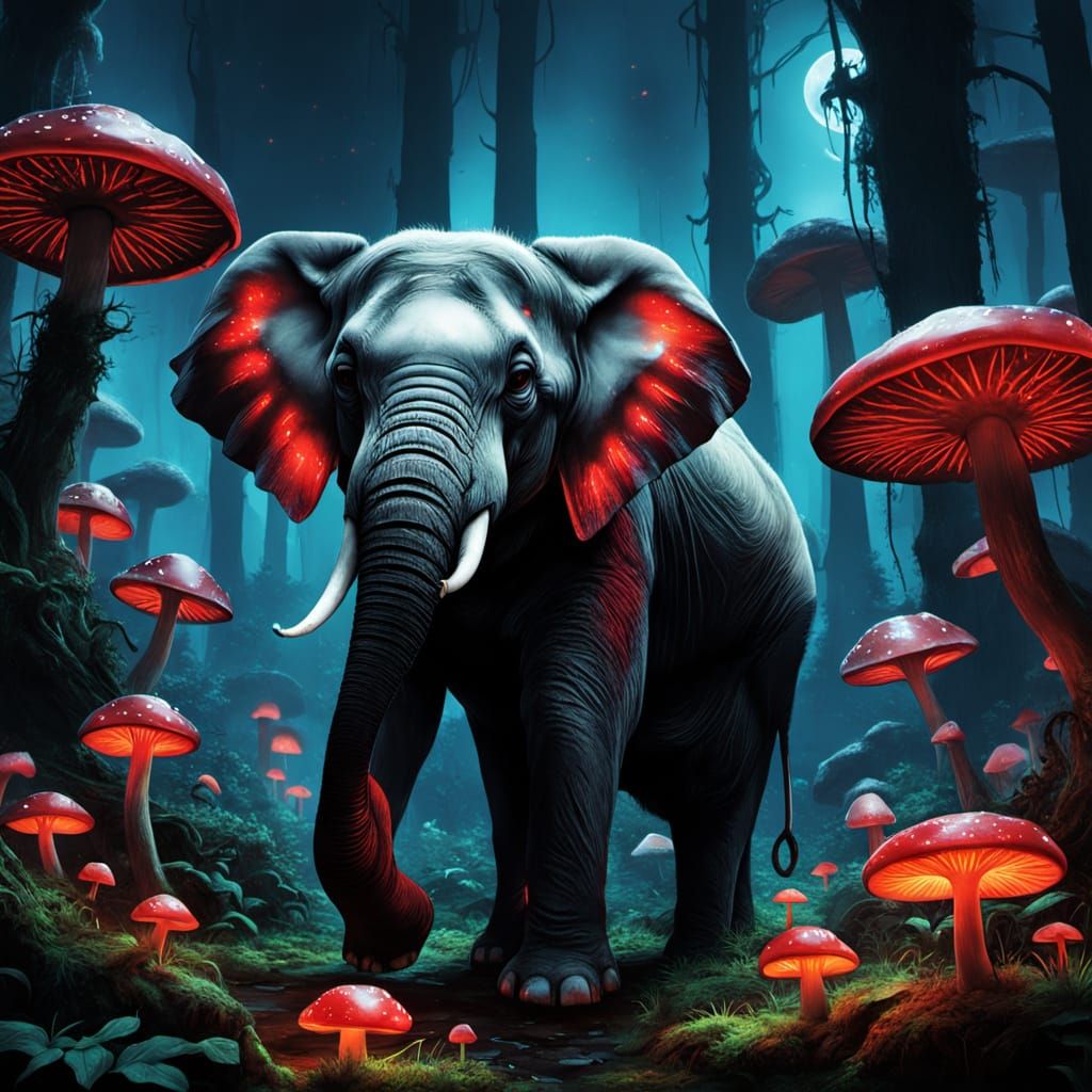 Baby Elephant in Bioluminescent Forest, Dark Fantasy Art
