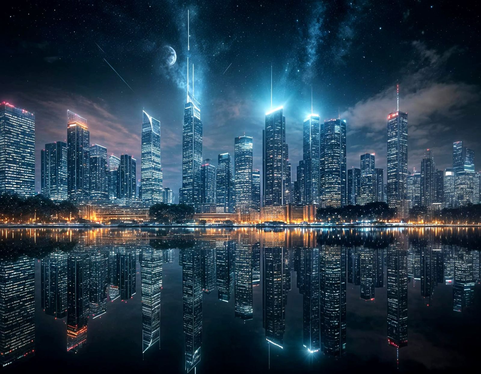 Night City Skyline Reflects in Calm Water