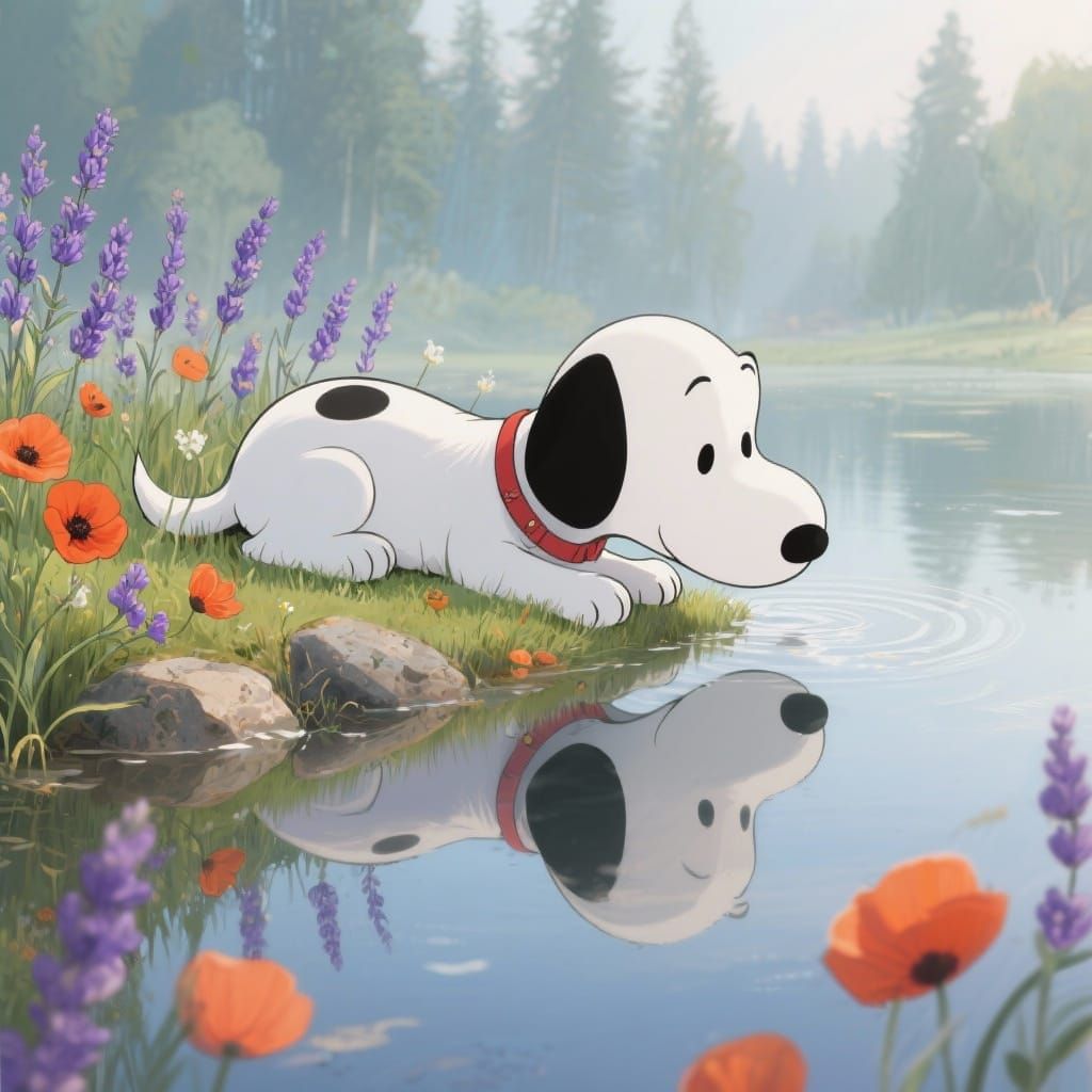 Cartoon Dog Gazes at Reflection in Still Water