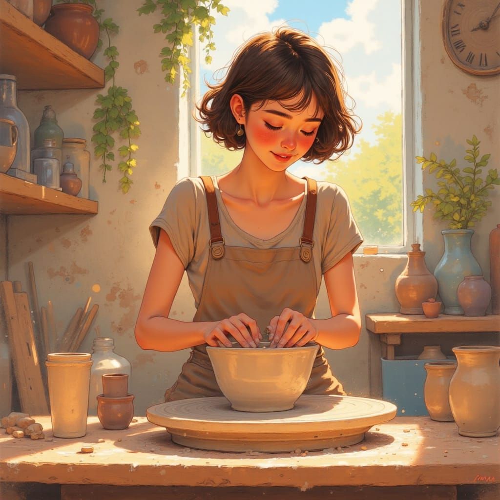 Queer Woman Learning Ceramics in Sunlit Studio