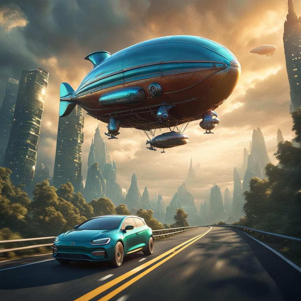 Alien Airship Hovering Over Highway: Detailed Digital Art