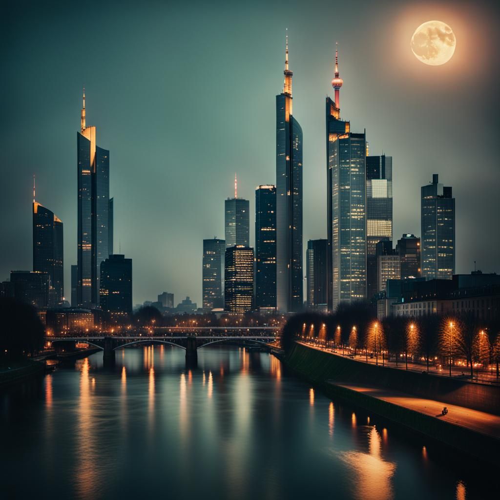 Frankfurt Skyline at Dusk with a Dramatic Moon