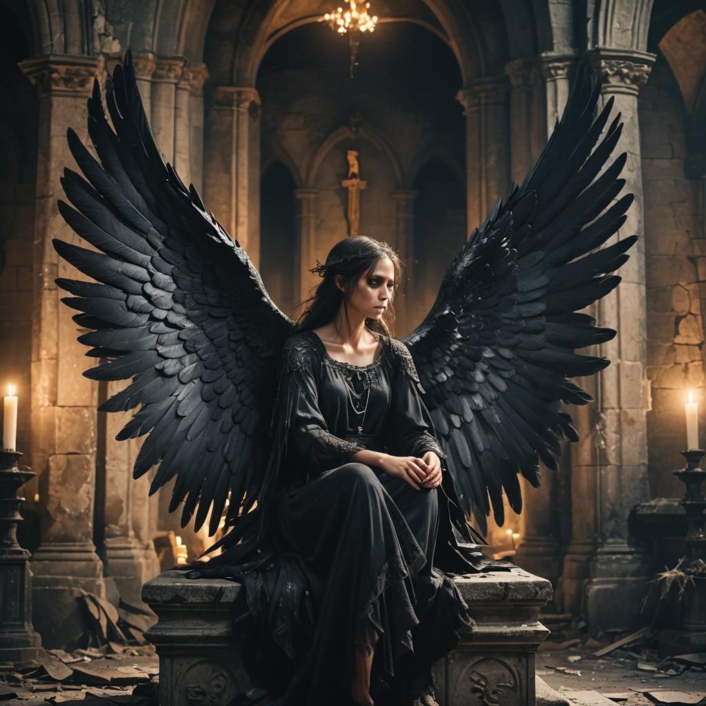 Dark Angel in Abandoned Church, Gothic Art