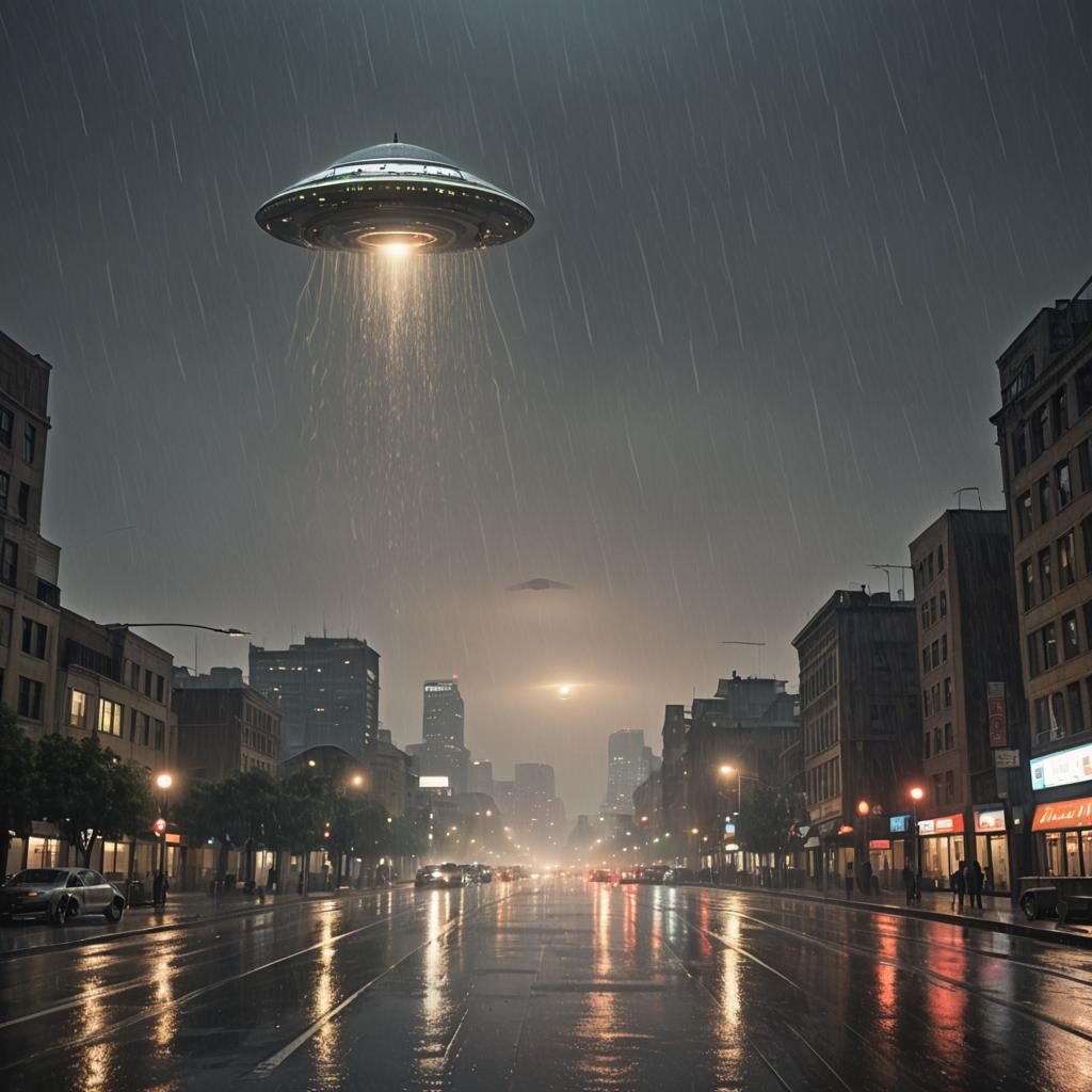 Rainy City Night with Distant UFO