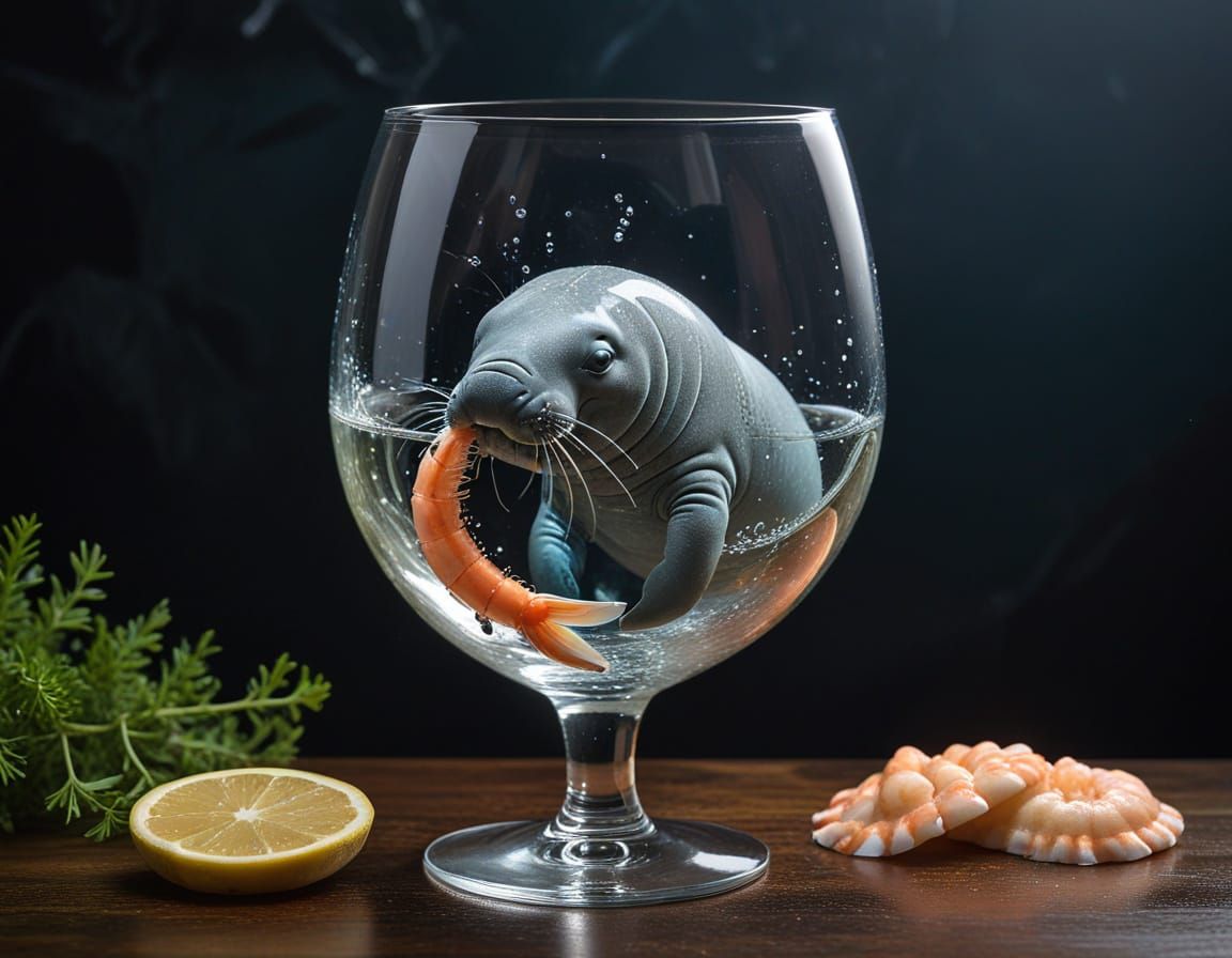 Manatee and Shrimp in Crystal Wine Glass