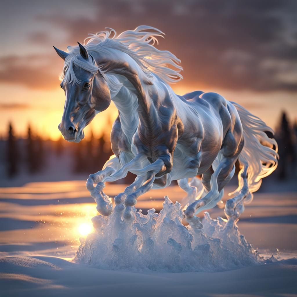 Icy Horse Sculpture at Sunset: Fantasy Concept Art