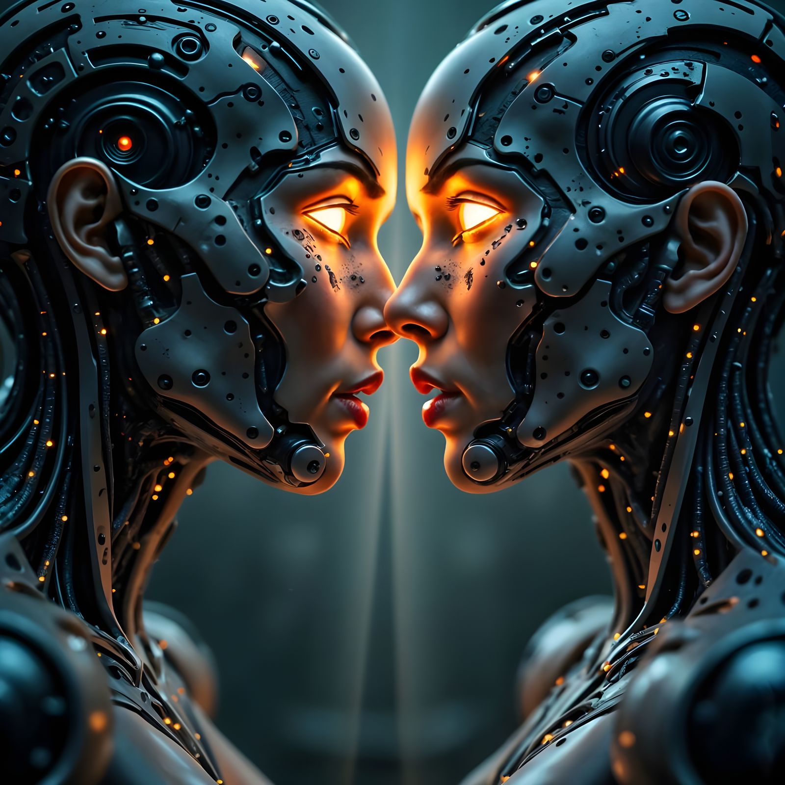 Cyborg Macro Kiss and Hug with Light Beams