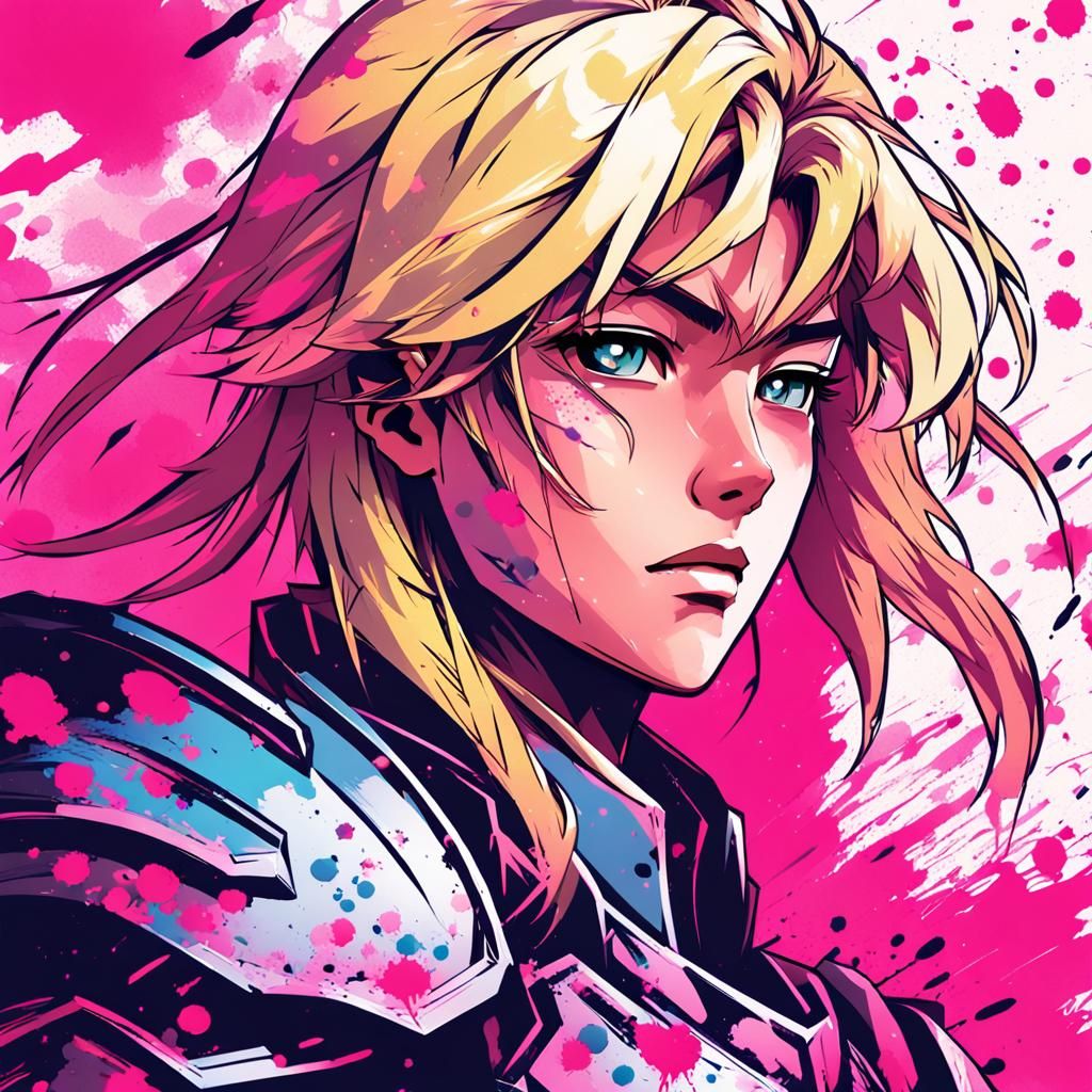 Heroic Blonde Anime Knight with Pink Ink Splatters