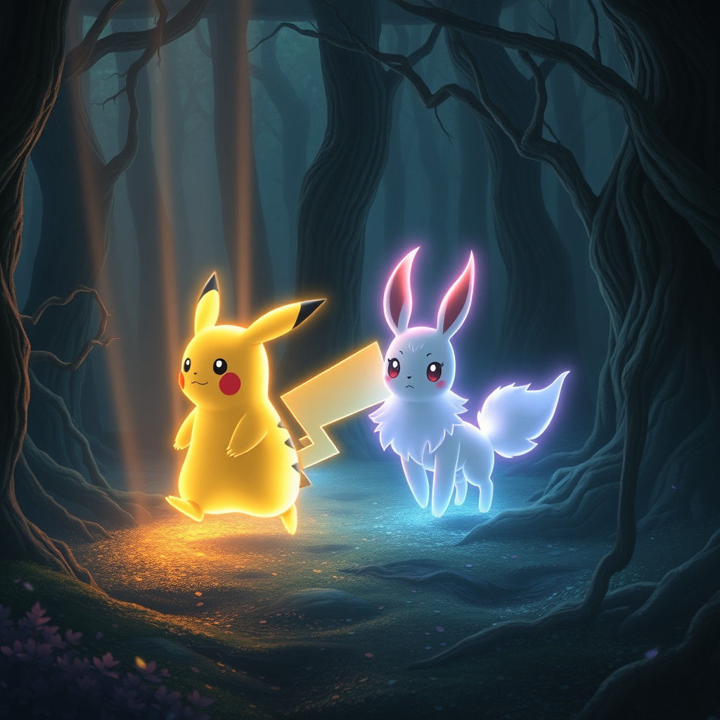Luminescent Pikachu and Eevee in Cyberpunk Forest