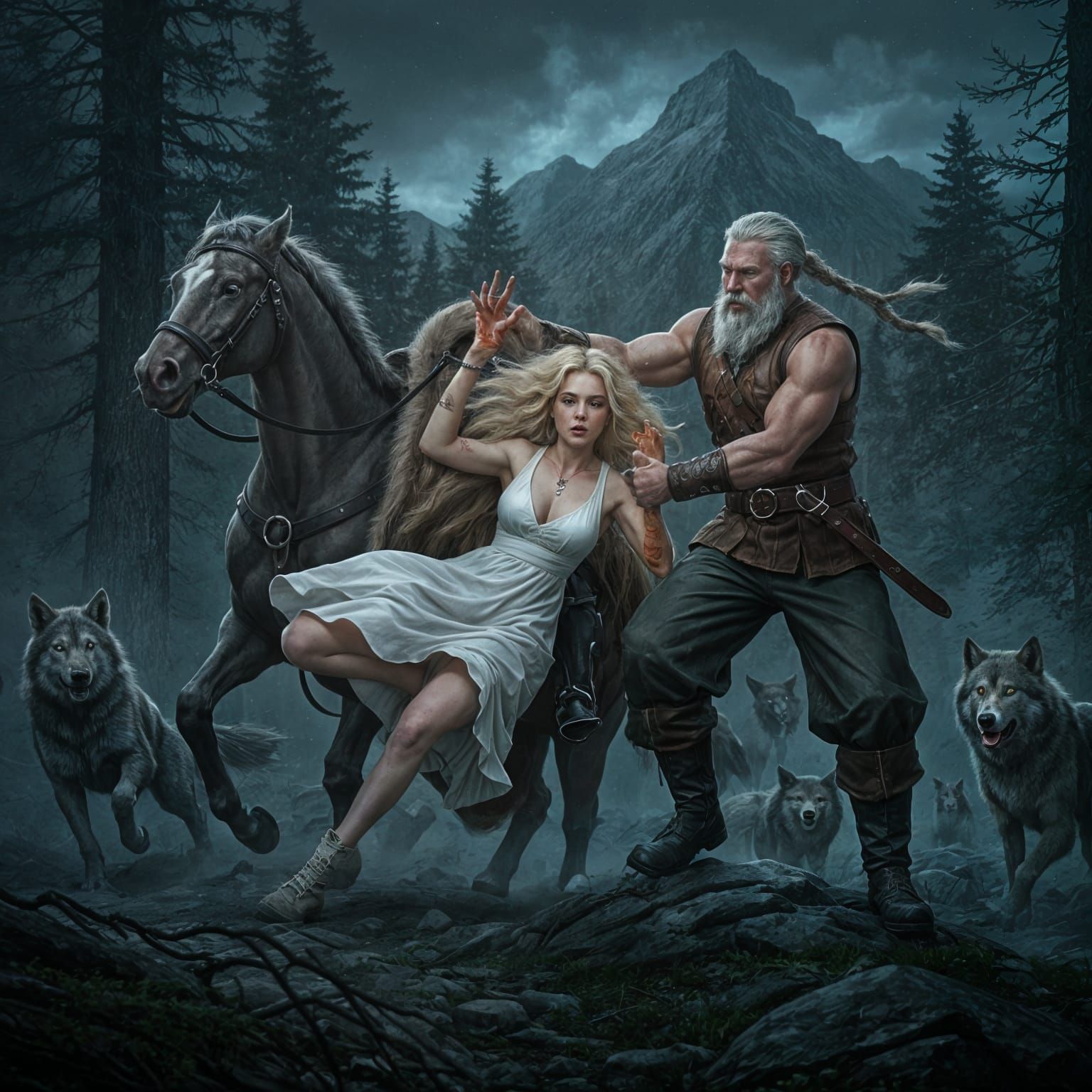 Epic Dark Fantasy: Viking Rescues Woman from Panicked Horse