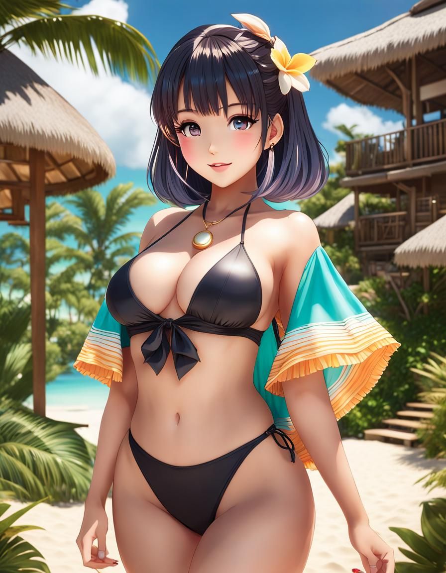 Kawaii Anime Waifu in Tropical Island Paradise