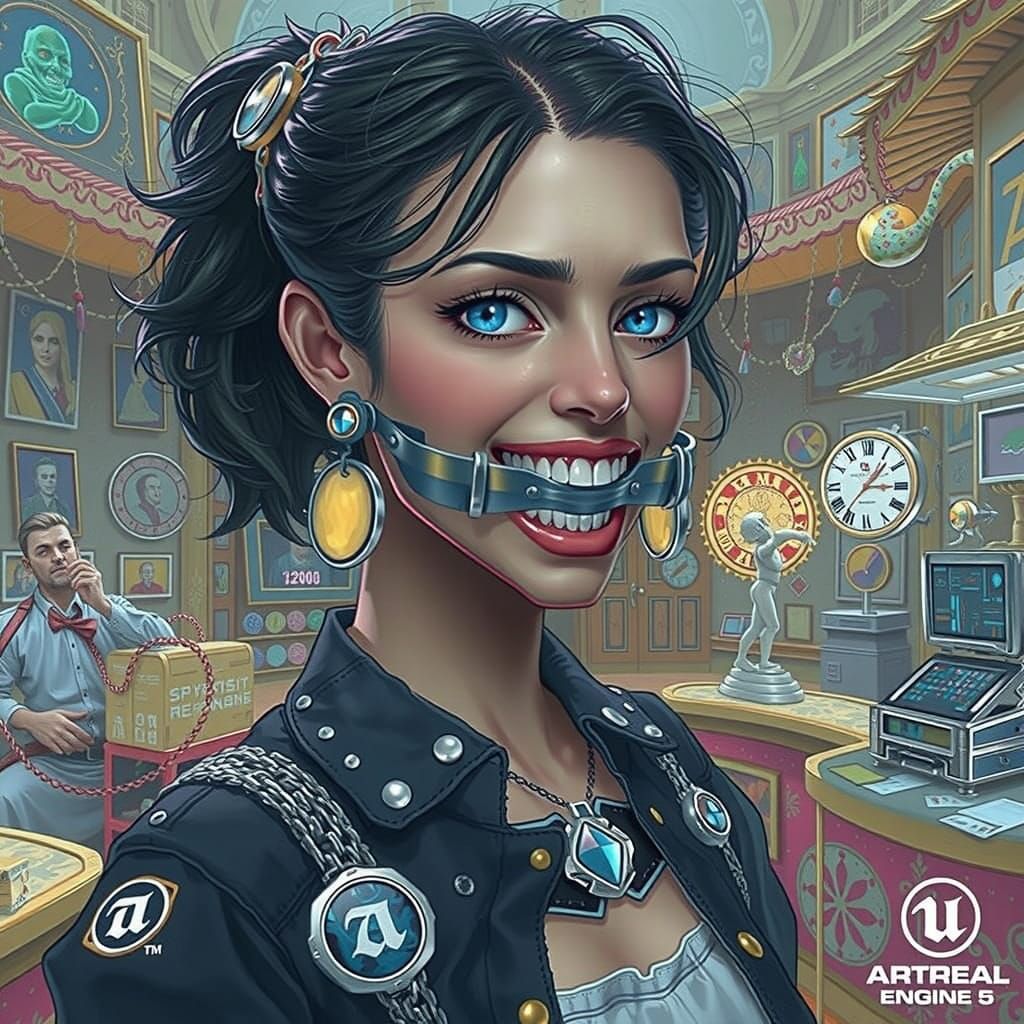 Woman Trapped by Intricate Metal Mouth Gag in Fantasy Scene