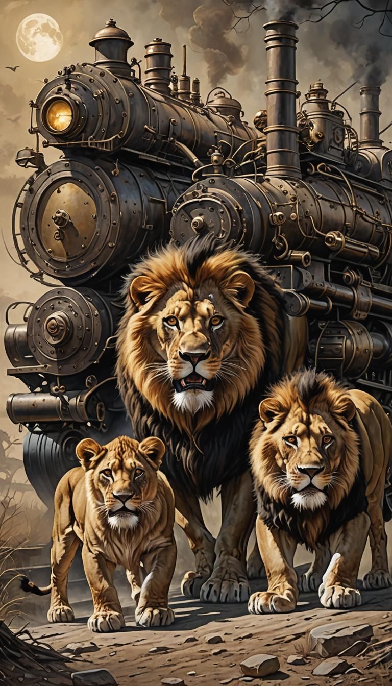 Lions Hunting at Night in Steampunk Style