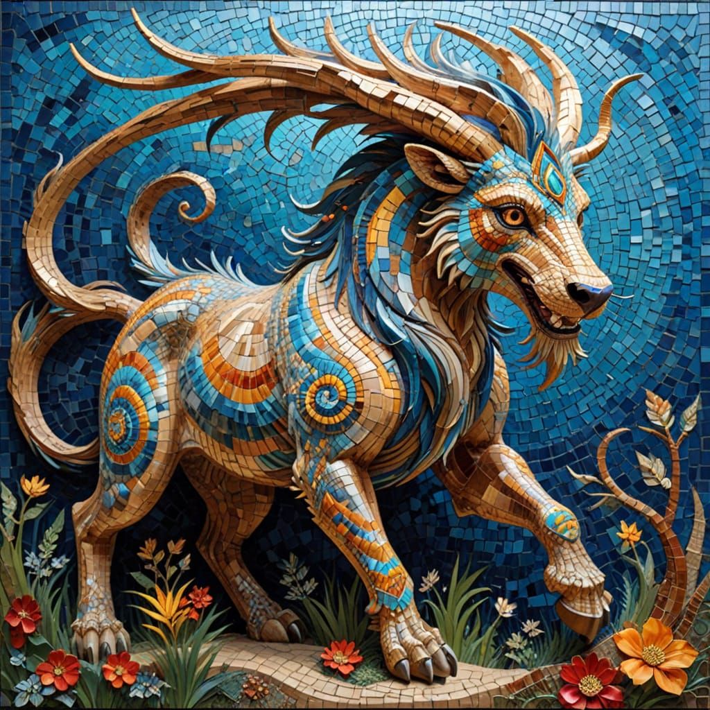 Mythical Beast in Ancient Mosaic Art Style