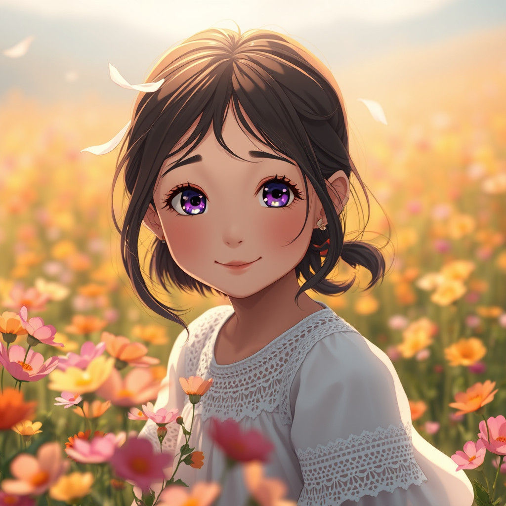 Gentle Girl Surrounded by Whimsical Flowers in a Serene Anim...