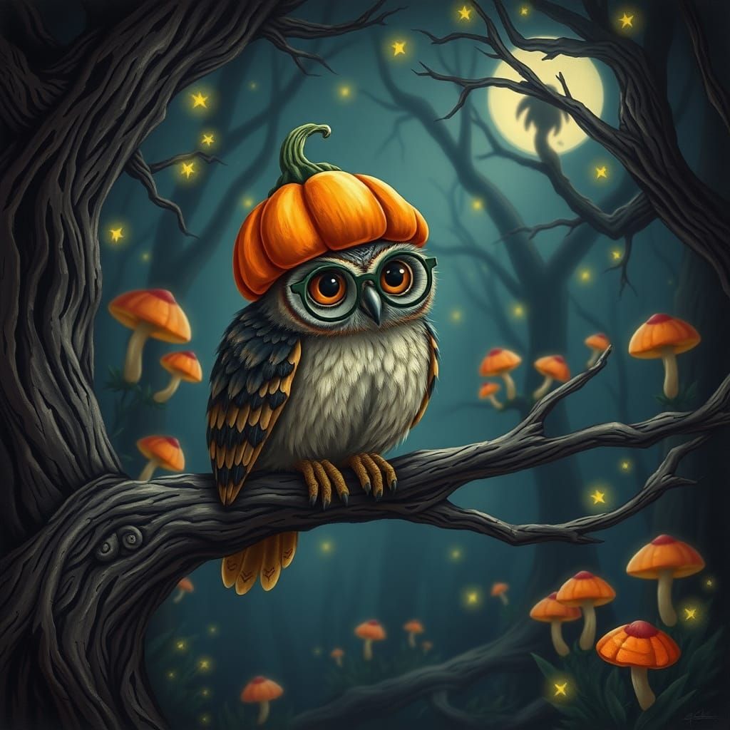 Wise Owl in Pumpkin Hat in Enchanted Forest