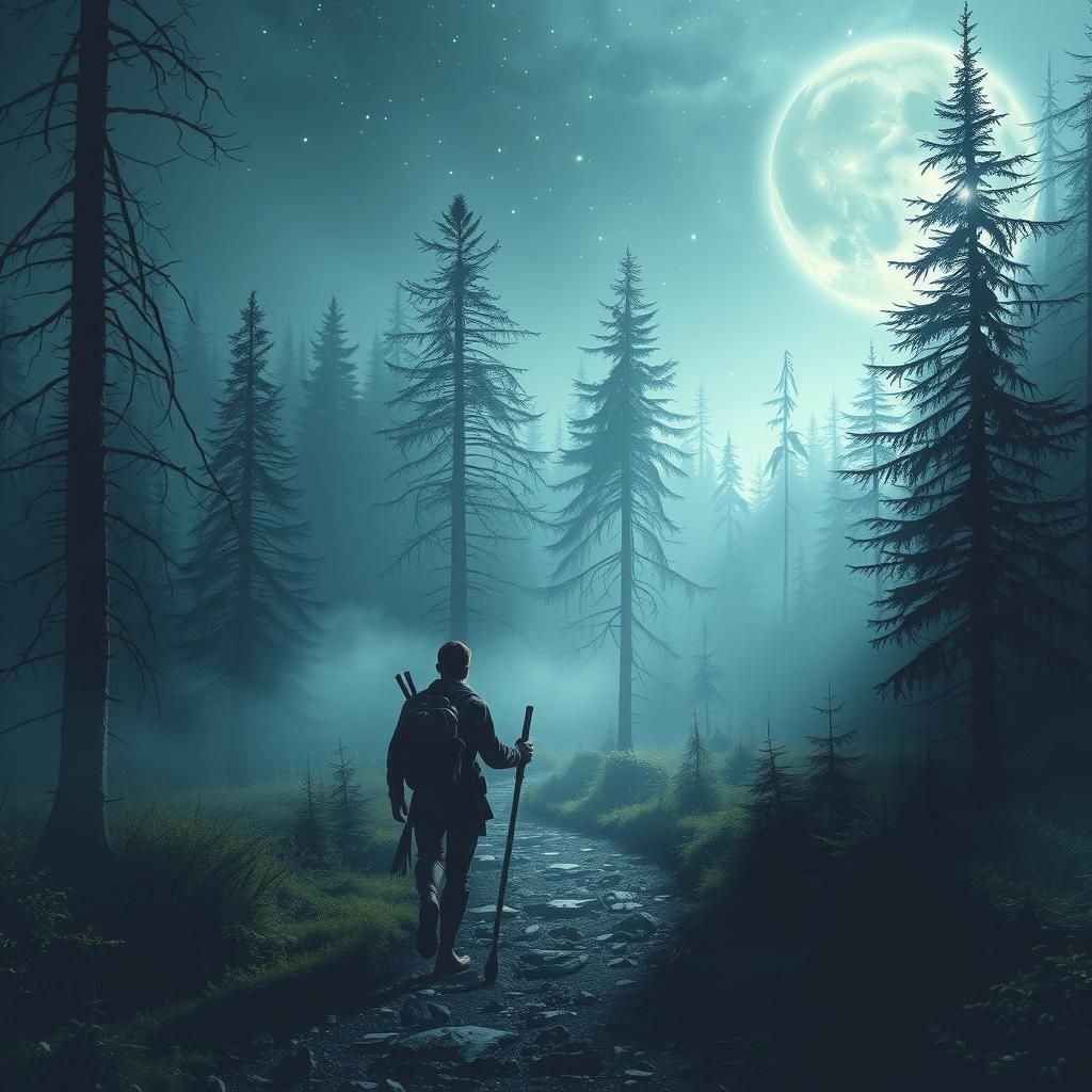 Adventurer at the Crossroads in Misty Forest