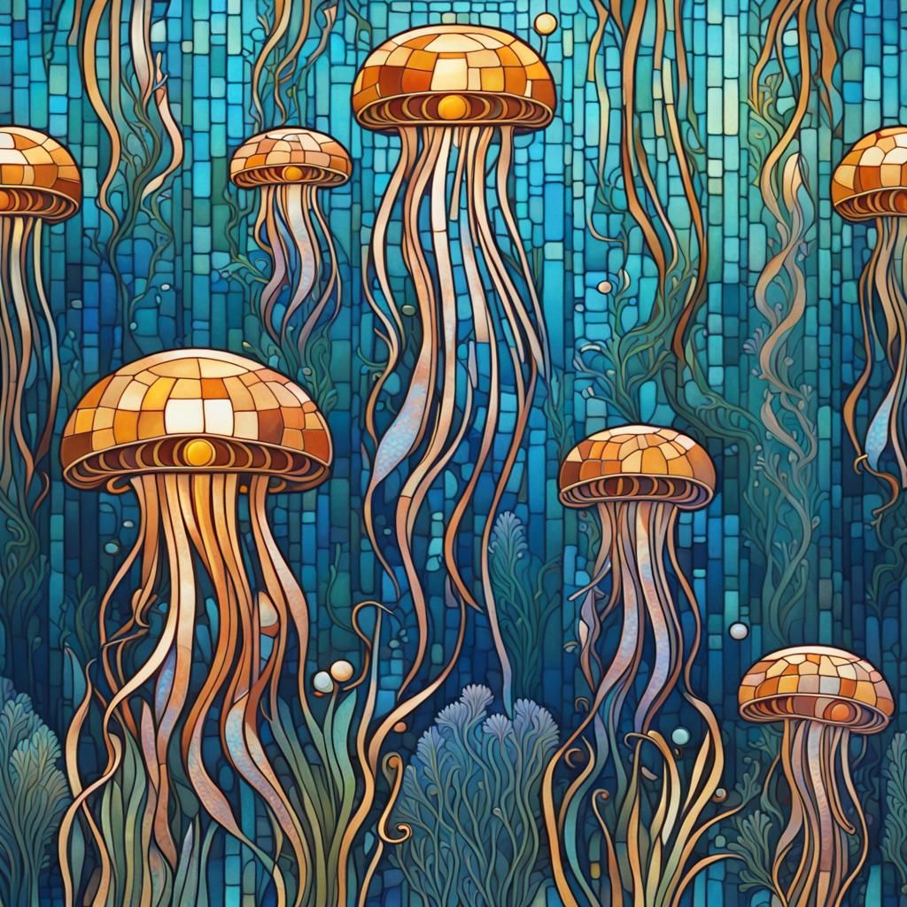 Jellyfish Family in Art Nouveau Mosaic