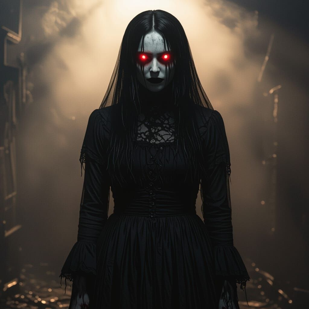 Eerie Ghost Woman with Glowing Eyes: Horror Realism